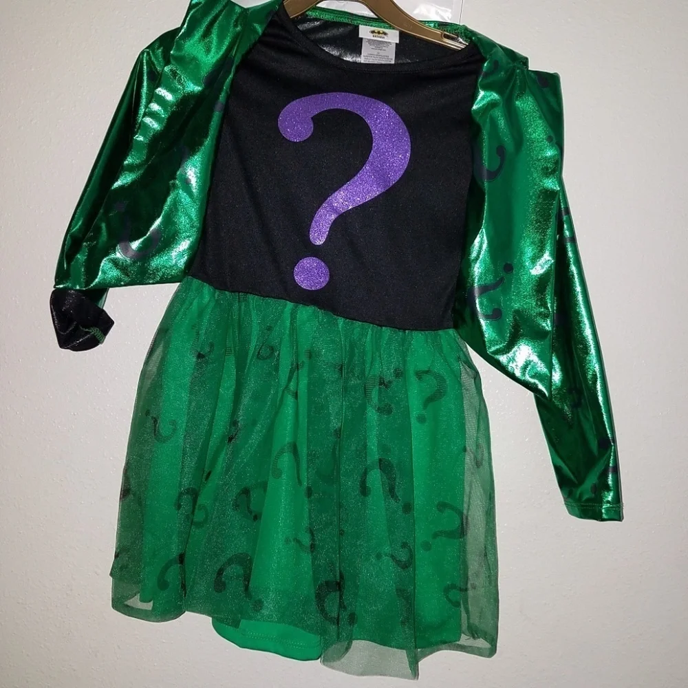 NEW Riddler Girl Halloween Costume Cosplay Small 4-6 Dress Hat Batman Villain
